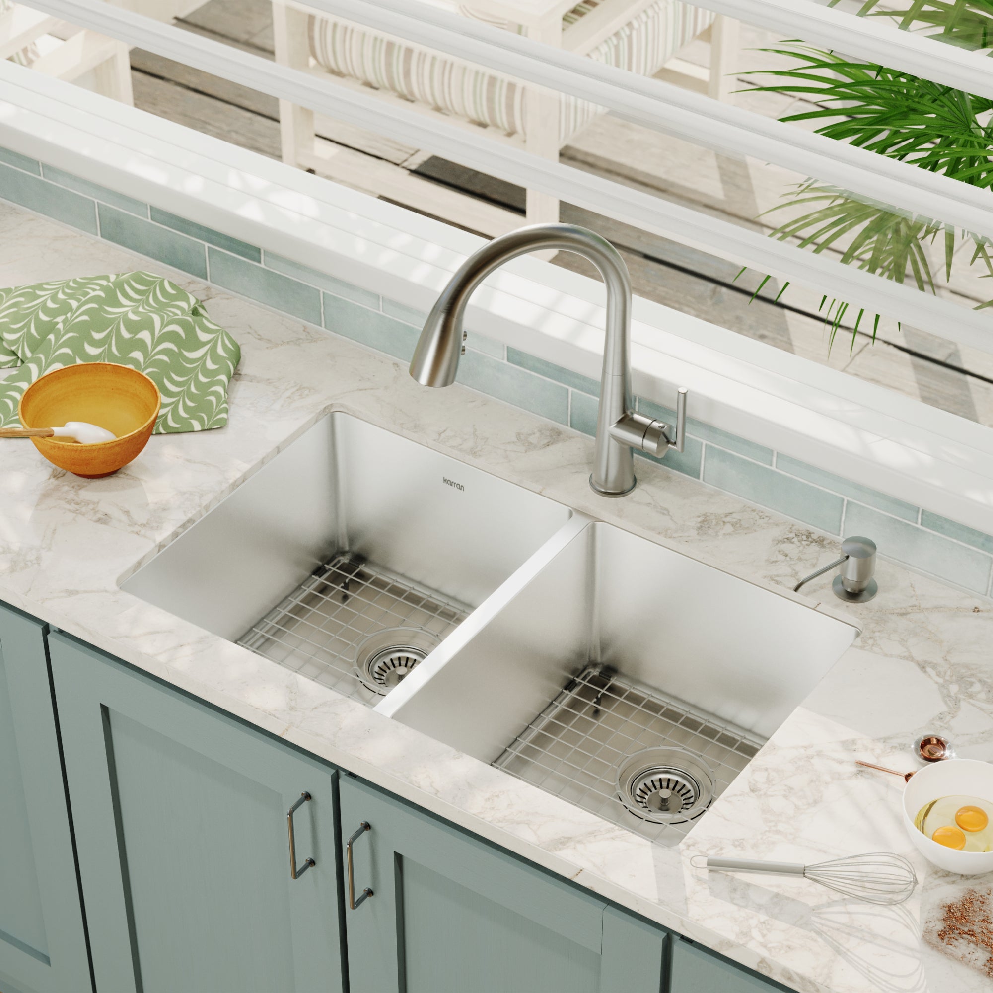 Karran 32" Undermount Double Equal Bowl Stainless Steel Kitchen Sink Kit