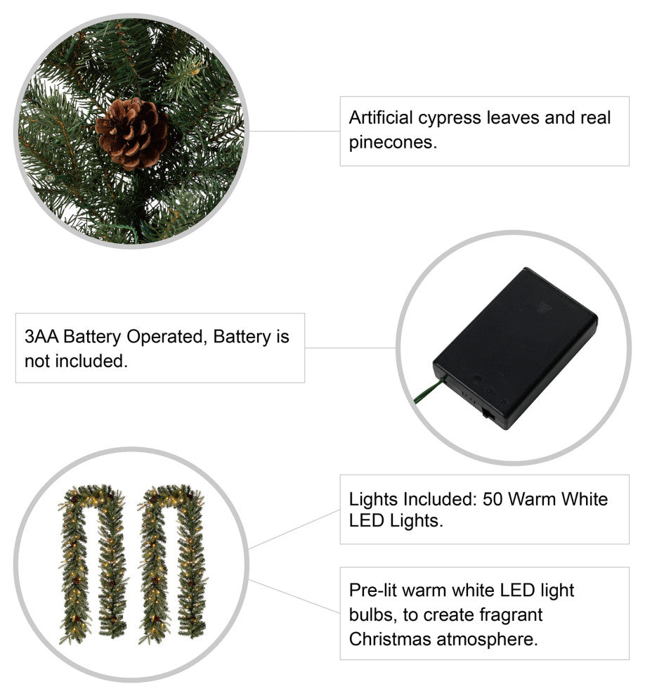 2pk 9ft Pre-Lit Greenery Pine Cone Christmas Garland, With Warm White LED Lights