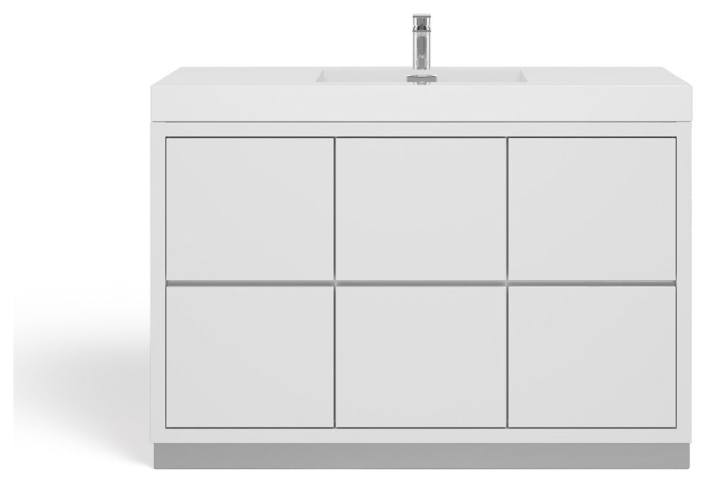 Boutique Bath Vanity, High Gloss White, 48", Single Sink, Freestanding