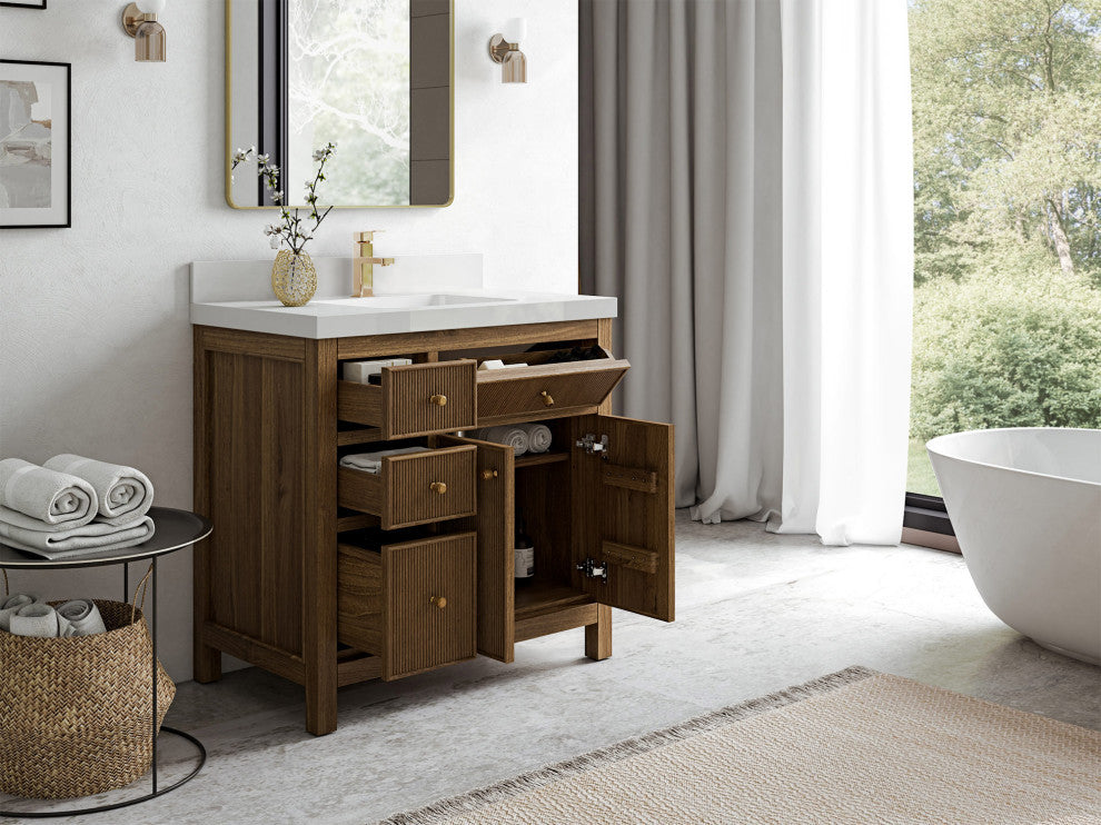 Sonoma Teak 36 Center Sink Vanity in Dark Natural with 2" Piatra Gray Quartz
