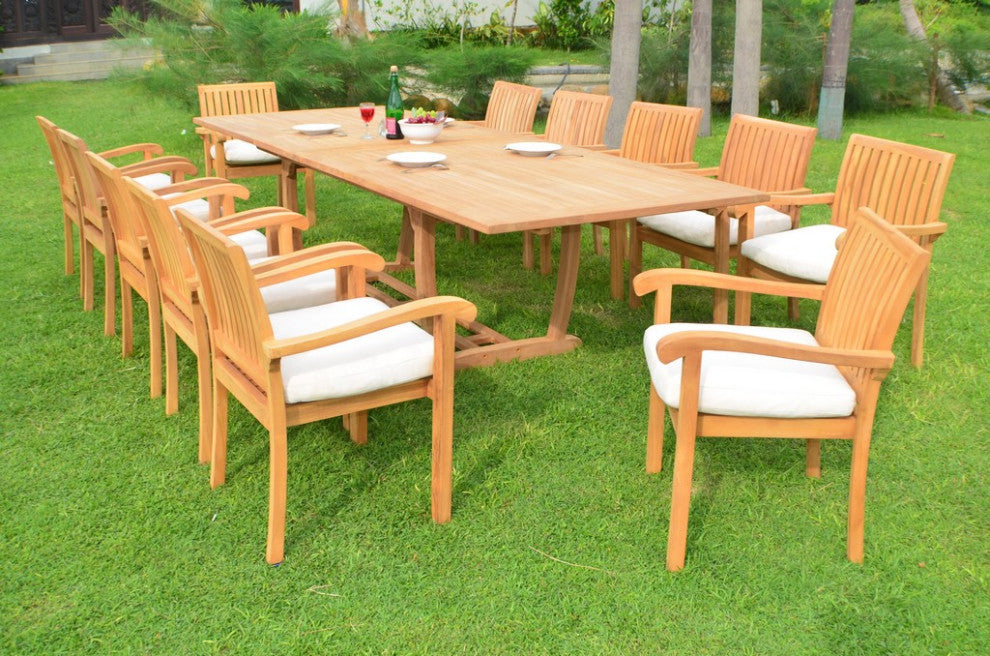 13-Piece Outdoor Teak Dining Set, 117" Rectangle Table, 12 Nain Stacking Chairs