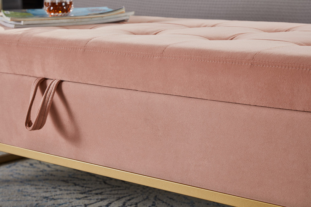 TATEUS Metal Base Bed Bench in Velvet Hidden Storage for Bedroom, Pink