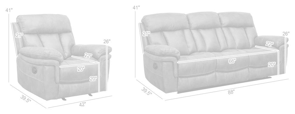 Estelle Power Reclining 2 Piece Sofa and Recliner Set, Gunmetal Fabric