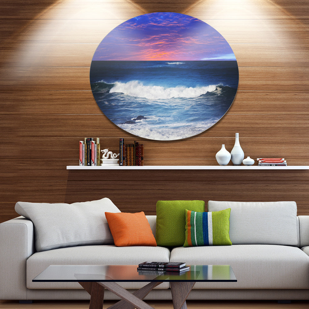 Troubled Sunset Sea Under Blue Sky, Seashore Round Wall Art, 36"