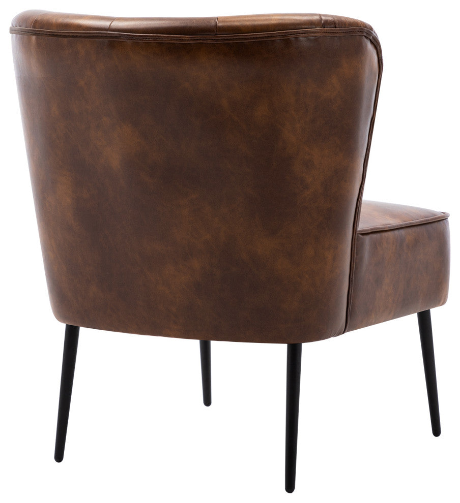 Vintage Button Tufted Faux Leather Slipper Chair, Yellowish-Brown