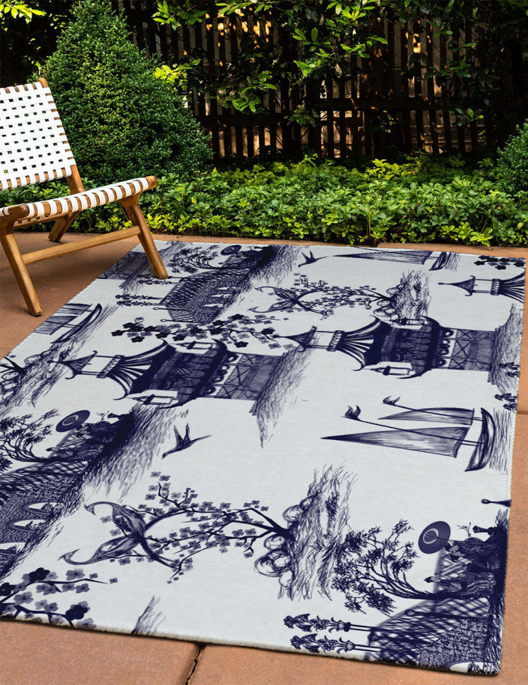 China Old Oriental Chenille Area Rug, Navy, 4'x6'