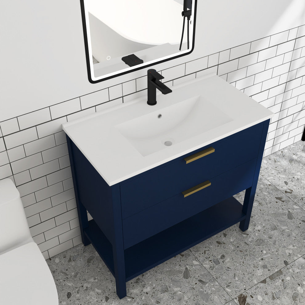 36 inch Plywood Freestanding Bathroom Vanity Set with Ceramic White Sink, Navy Blue