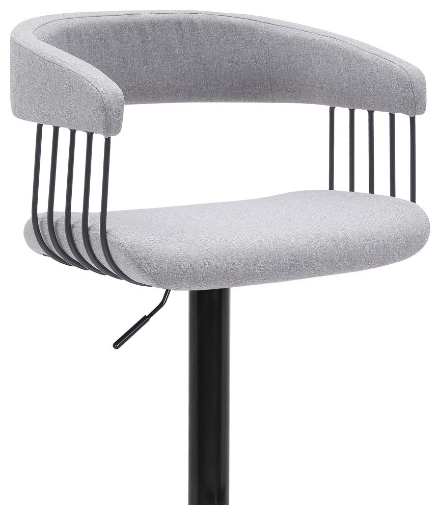Calista Adjustable Bar Stool, Blue Fabric With Black Metal, Light Gray