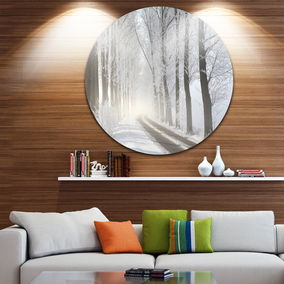 Winter Lane In Foggy Morning, Landscape Photo Disc Metal Wall Art, 23"