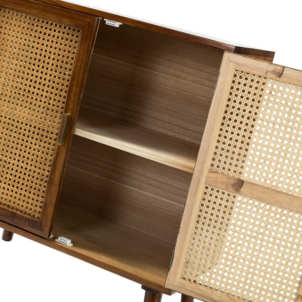 2-Door Accent Storage Cabinet, Solid Wood and Rattan, Cherry