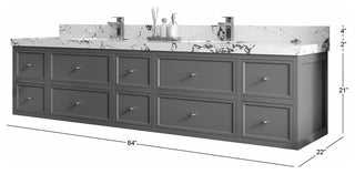 Roswell Floating 84" Double Sink Bath Vanity, White 2" Carrara Quartz