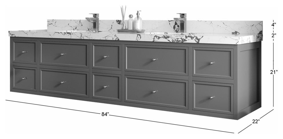 Roswell Floating 84" Double Sink Bath Vanity, White 2" Carrara Quartz
