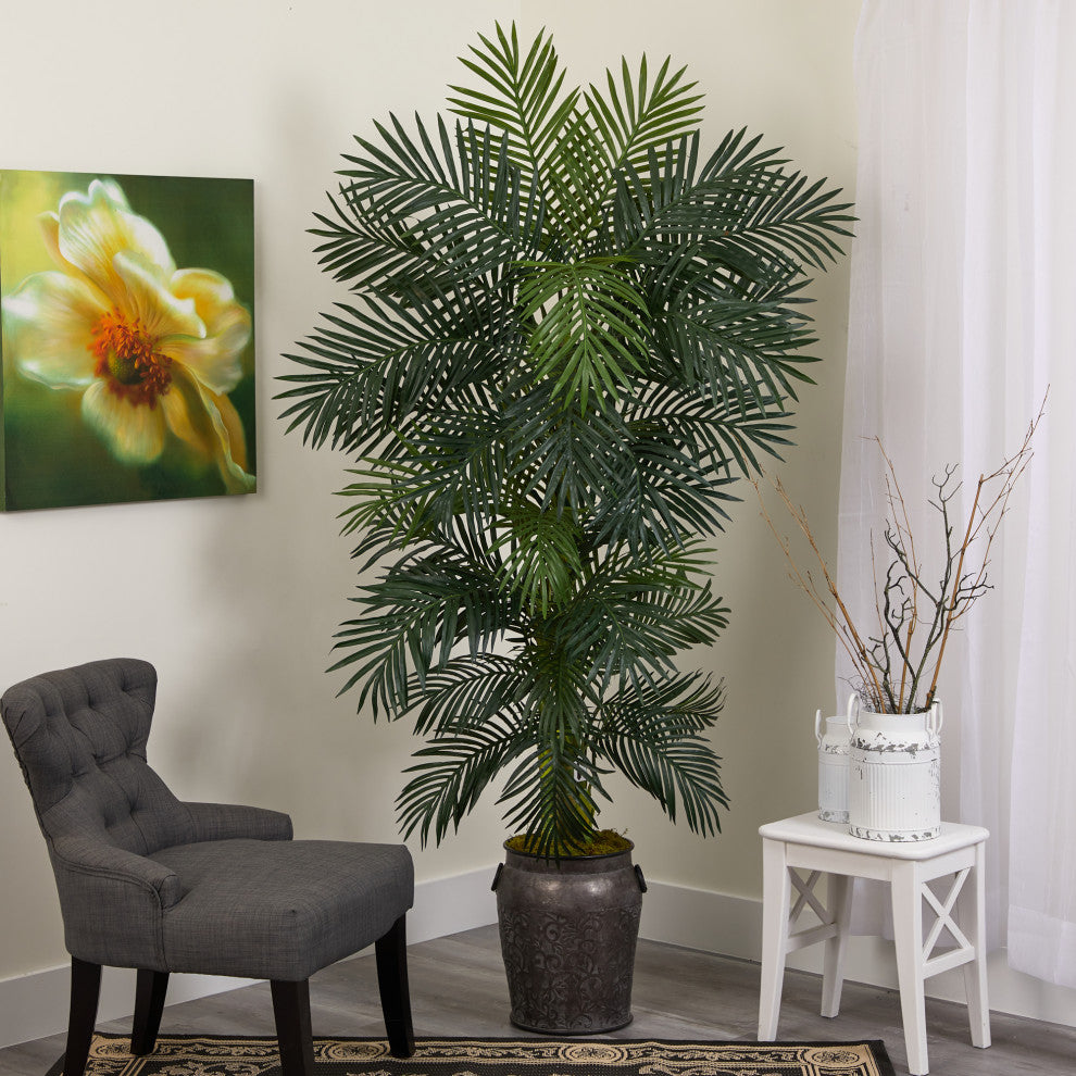 6.5' Golden Cane Artificial Palm Tree, Metal Planter