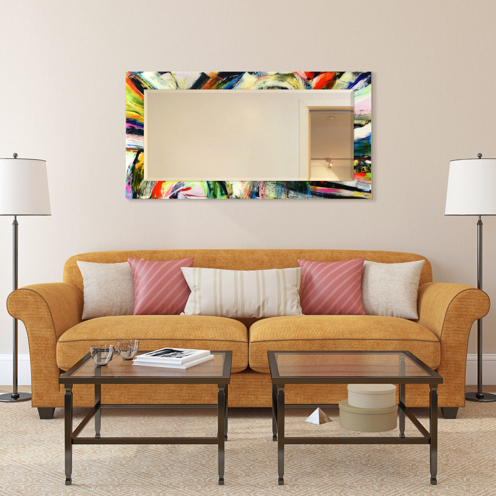 "Rock Star" Beveled Mirror on Printed Abstarct Tempered Art Glass, 54x28"