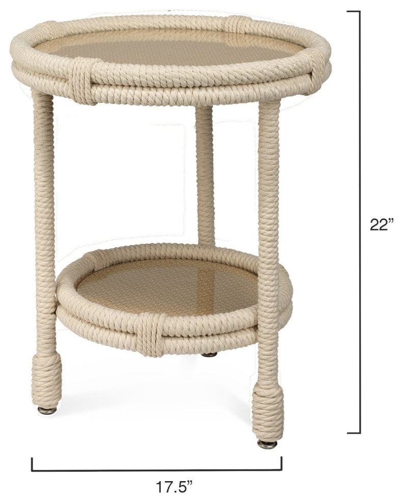 Contemporary Coastal White Rope Knot Accent TableWith Shelf Rattan Rou