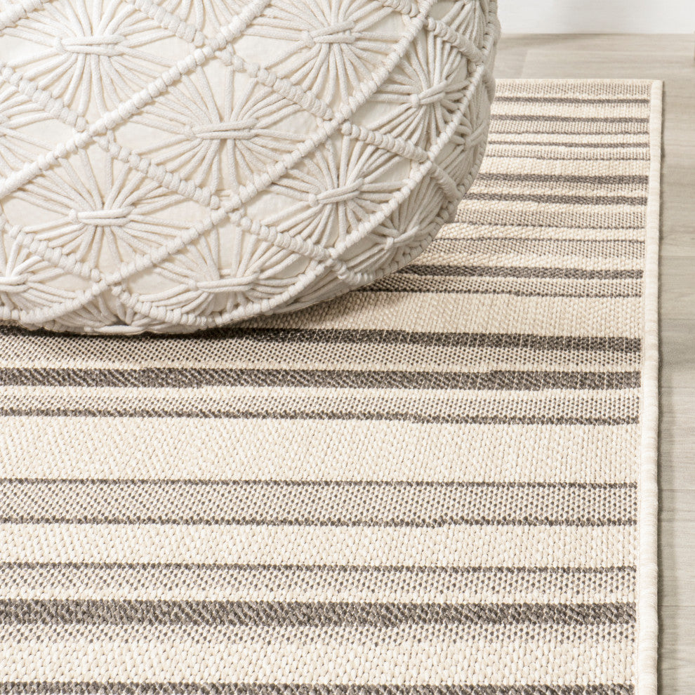 Castara Wavy Stripe Modern Indoor/Outdoor Area Rug, Cream/Dark Gray, 3x5