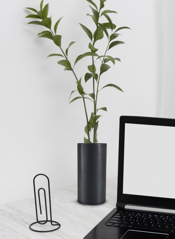 Black Ceramic Cylinder Vase, Measures 8" Tall & 4" Diameter