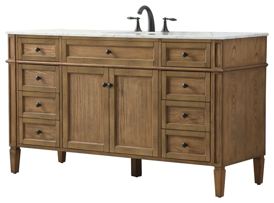 Home Living Vanity with Carrara White Marble Countertop, Driftwood, 60", Single Sink