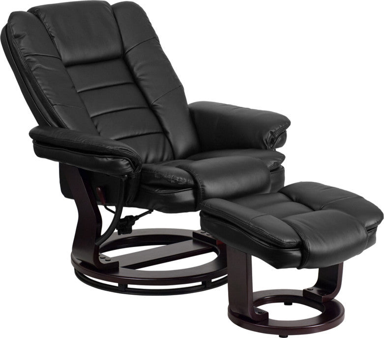 Leather Recliner and Ottoman, Mahogany Wood Base, Black Leather