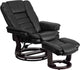Leather Recliner and Ottoman, Mahogany Wood Base, Black Leather