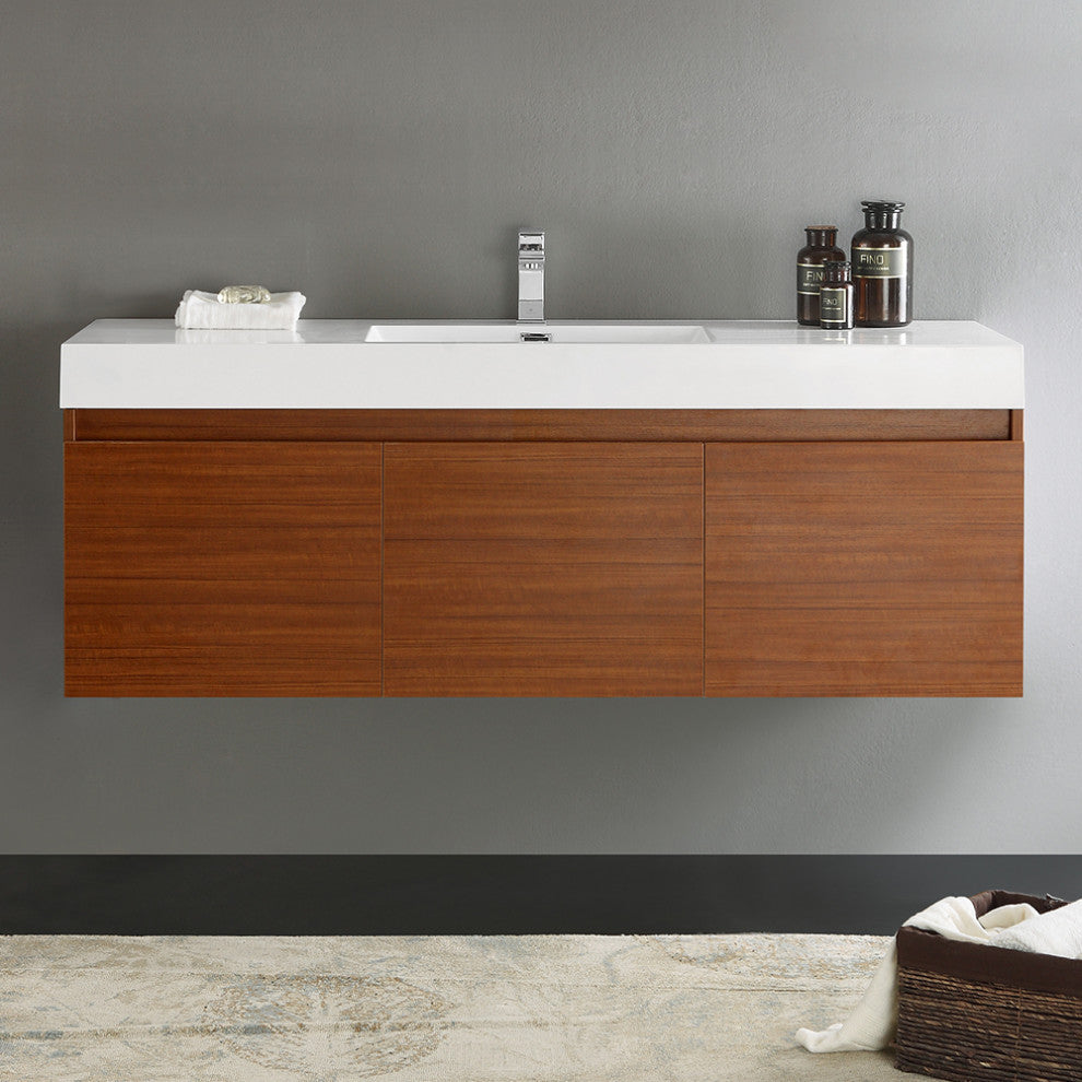 Fresca Mezzo 60" Teak Wall Hung Single Sink Cabinet With Integrated Sink