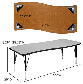 3 Piece 86" Oval Wave Activity Table Set - Height Adj. Short Legs, Grey