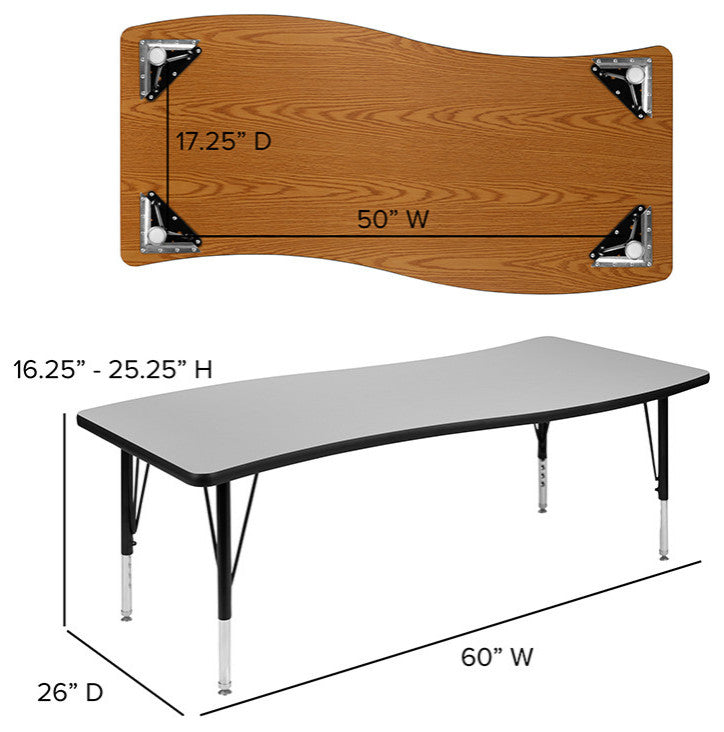 3 Piece 86" Oval Wave Activity Table Set - Height Adj. Short Legs, Grey
