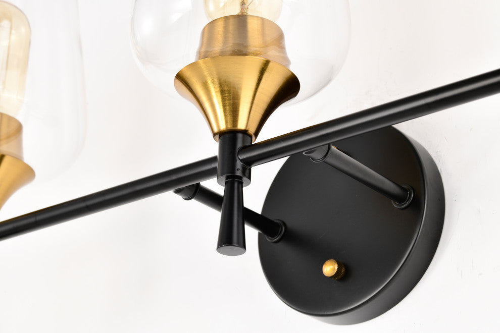 21 in. 3-Light Black and Antique Brass Vanity Light With Clear Wine Glass Shades