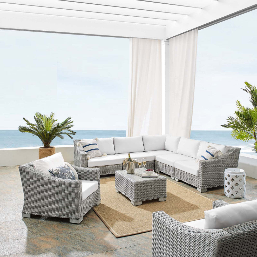 Lounge Sectional Sofa Chair Table Set, Rattan, Wicker, Gray White, Outdoor