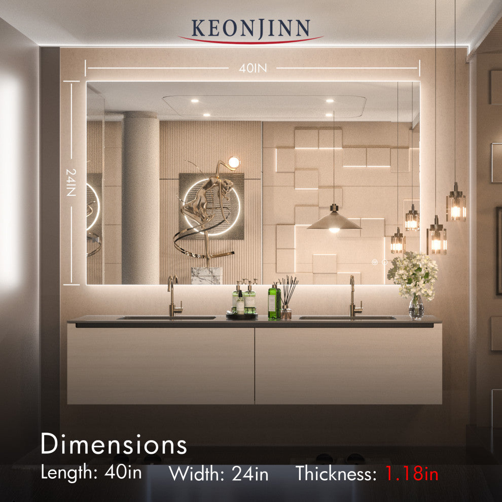 Backlit LED Mirror for Bathroom, Anti-Fog Dimmable, Silver, 24x40
