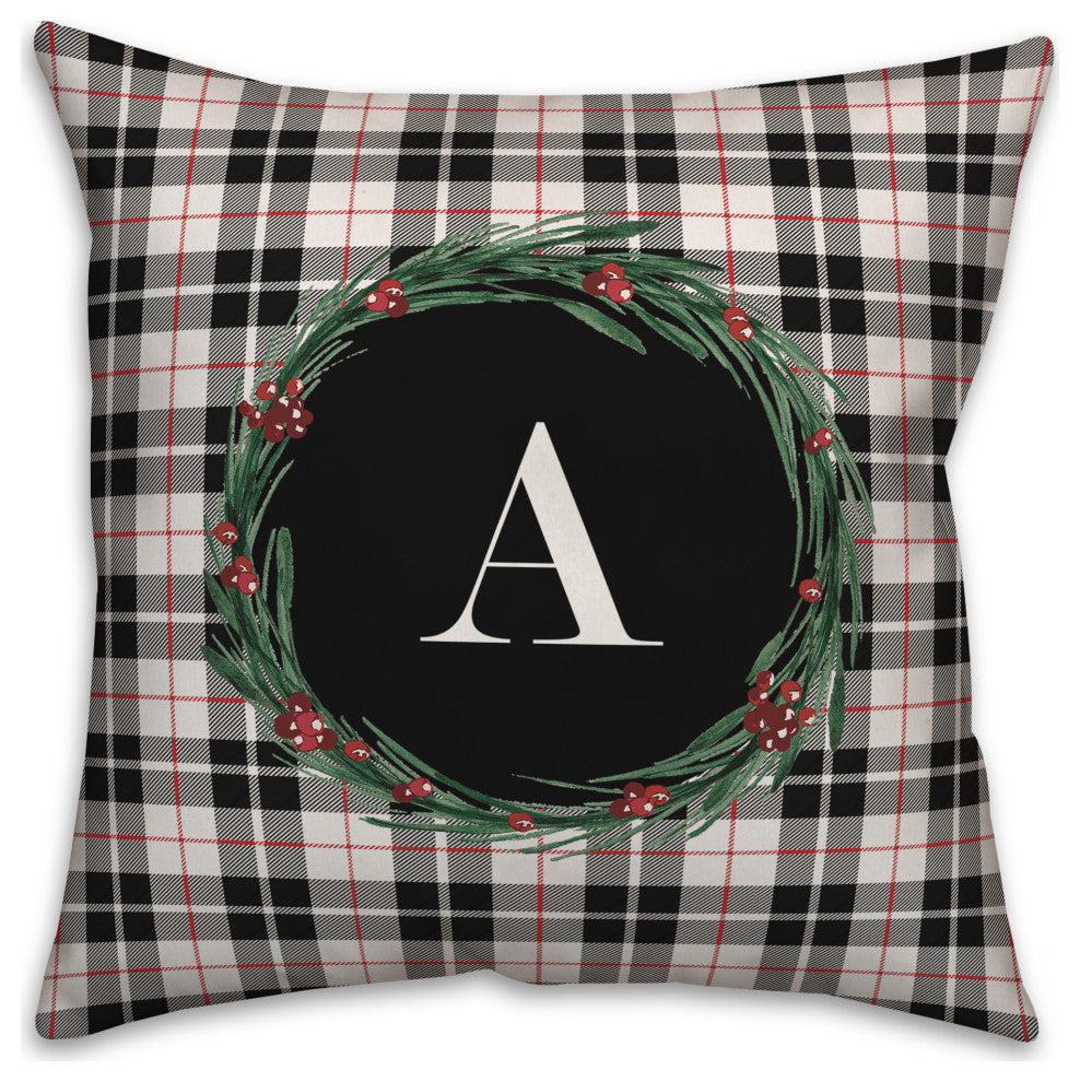 Black Plaid Monogram Wreath A 18x18 Spun Poly Pillow