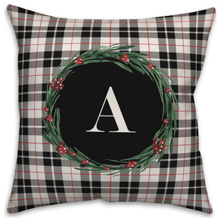 Black Plaid Monogram Wreath A 18x18 Spun Poly Pillow