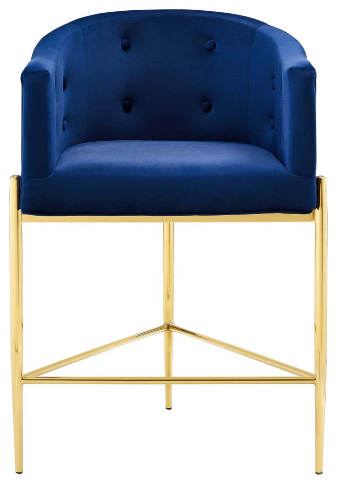 Tufted Counter Stool Chair, Set of 2, Velvet, Metal, Blue Navy, Modern, Bar Pub