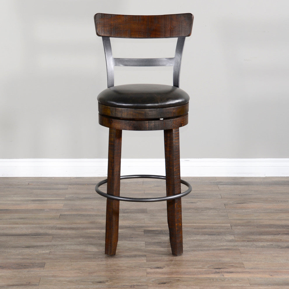Dark Rustic Ladder Back Swivel Barstool Black Leather Seat 30"H