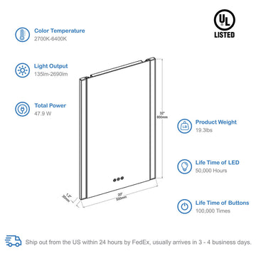 LED Antifog Bathroom Mirror, Dimmer, Adjustable Color, Matte Black, 20x32