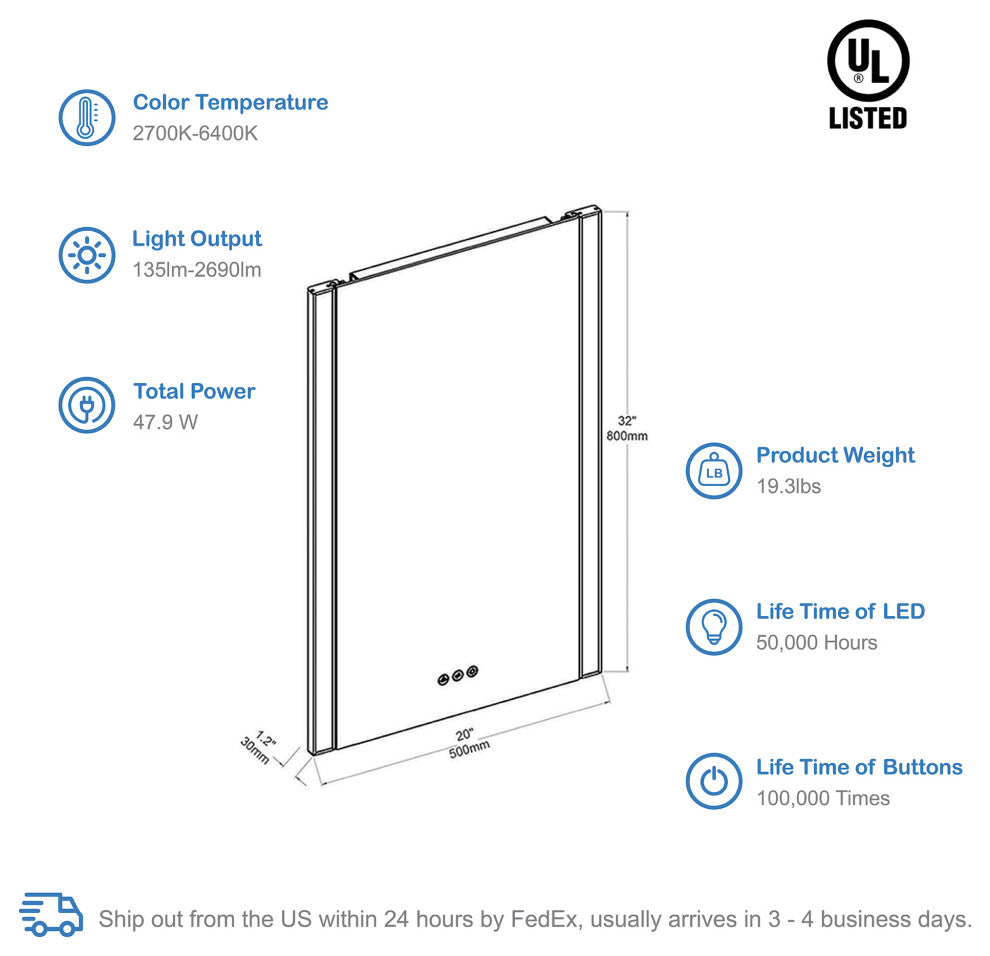LED Antifog Bathroom Mirror, Dimmer, Adjustable Color, Matte Black, 20x32