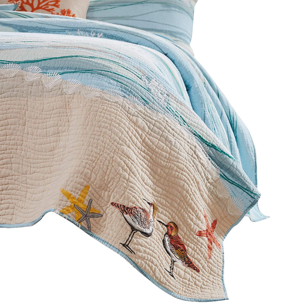 Benzara BM101969 4 Piece Twin Size Fabric Quilt Set With Coastal Prints, Blue
