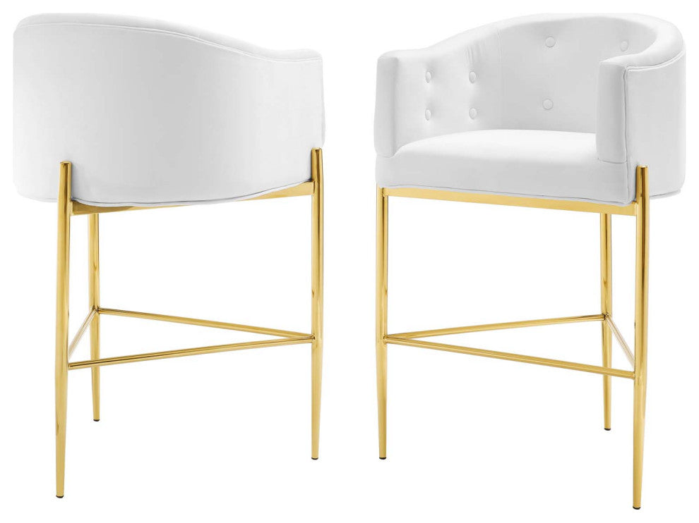 Tufted Bar Stool Chair Barstool, Set of 2, Velvet, Metal, White, Modern, Bar Pub