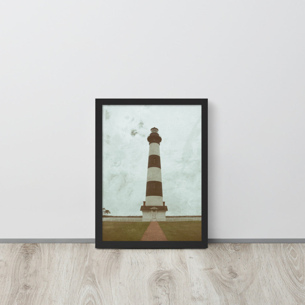 Aged Bodie Lighthouse Landscape Framed Photo Paper Wall Art Prints, Black, 12" X 16"