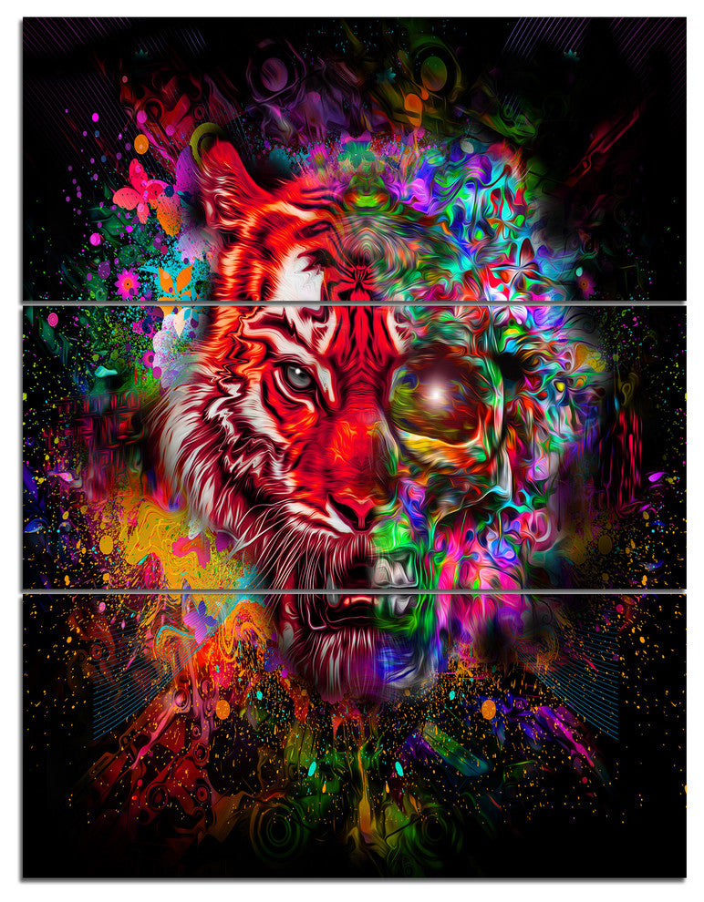 Colorful Tiger Head with Half Skull, Abstract Wall Art Canvas, 28x36, 3 Panels