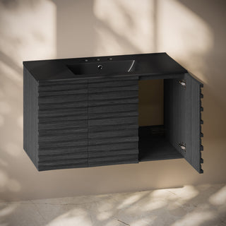 Cascade 36" Wall-Mounted Bath Vanity, Black Oak, Black Widespread Sink Top