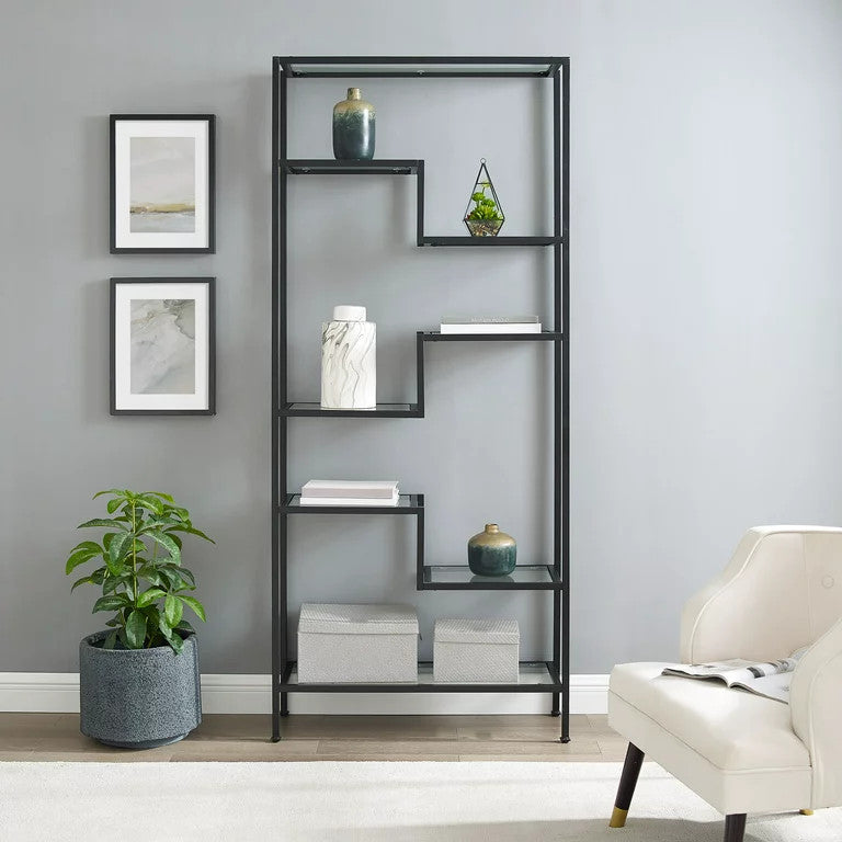 Modern Bookcase, Unique Geometric Design With Glass Open Shelves, Matte Black