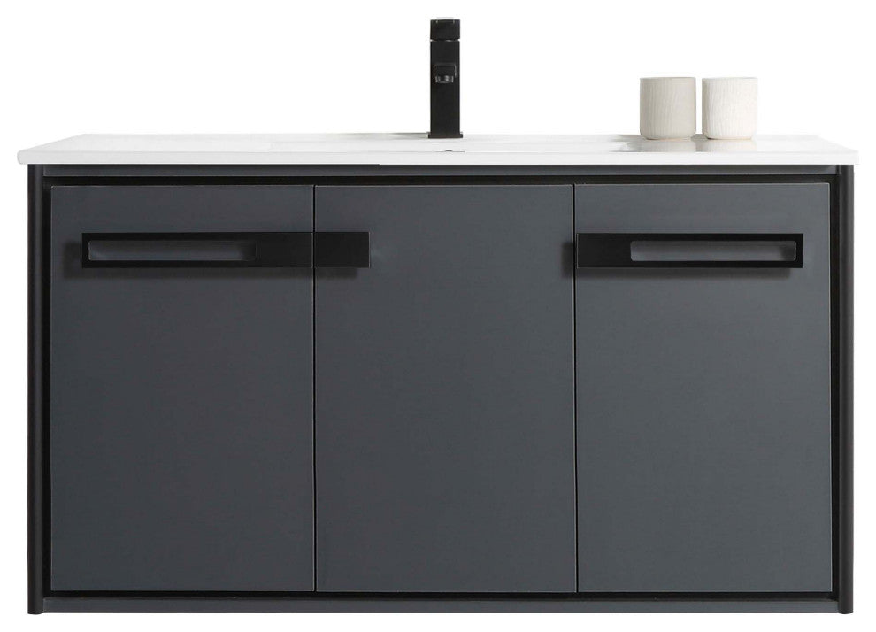 Oakville Wall Mount Bathroom Vanity, Onix Grey, 42", Black Hardware