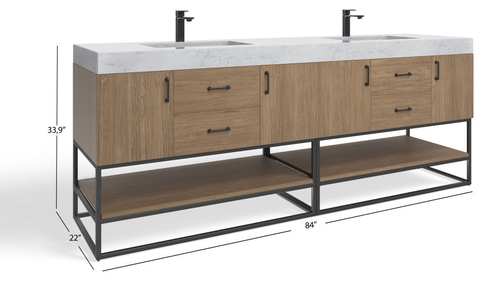 Bahia Bath Vanity, Oak, 84", Matte Black Hardware, Double, Freestanding