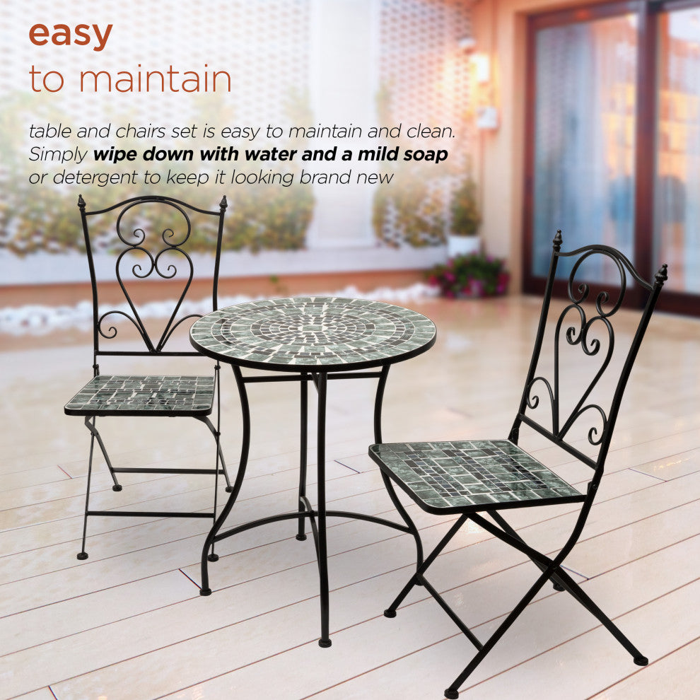 Marbled Glass Mosaic 3-Piece Bistro Set Folding Table and Chairs Patio Seating