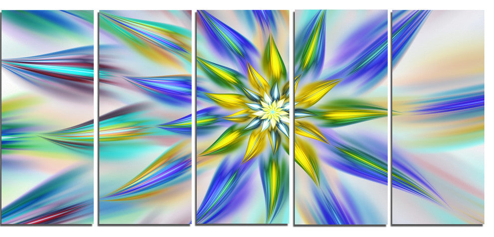 Dancing Blue Fractal Flower, Floral Canvas Art Print, 60"x28", 5 Panels