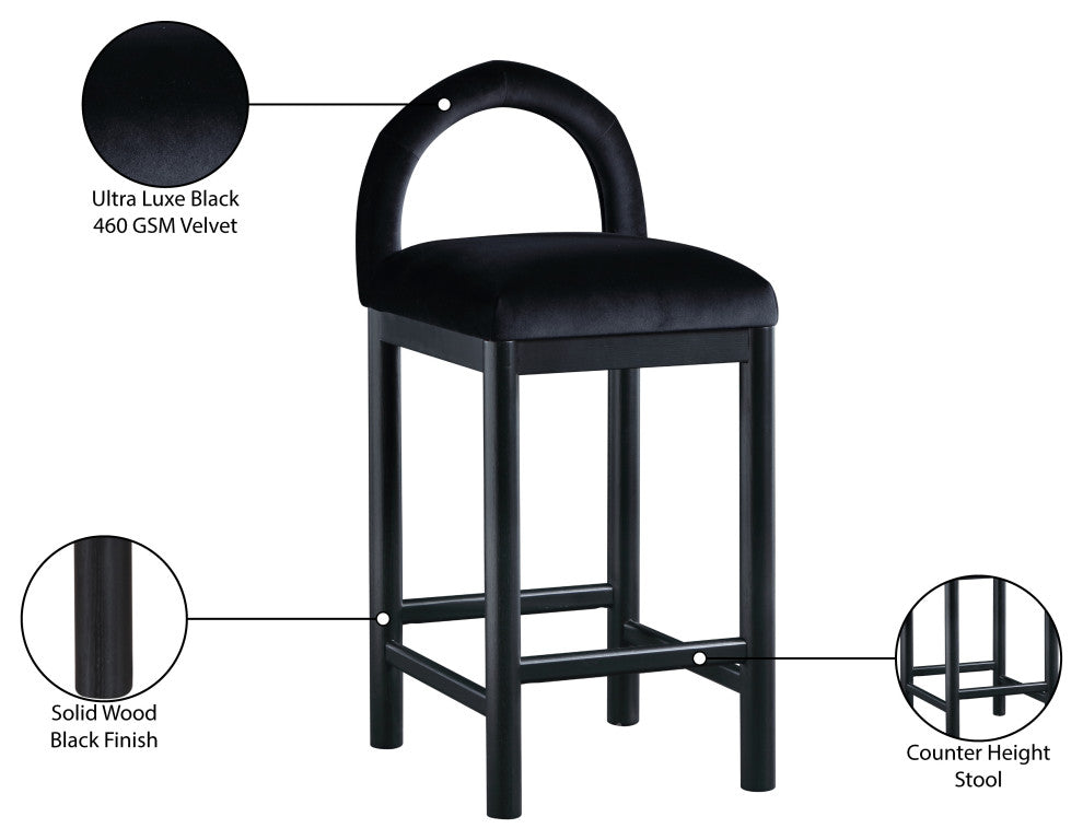 Conrad Upholstered Bar and Counter Stool, Black, Velvet, Black