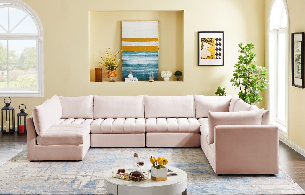 Jacob Velvet Upholstered 7-Piece U-Shaped Modular Sectional, Pink