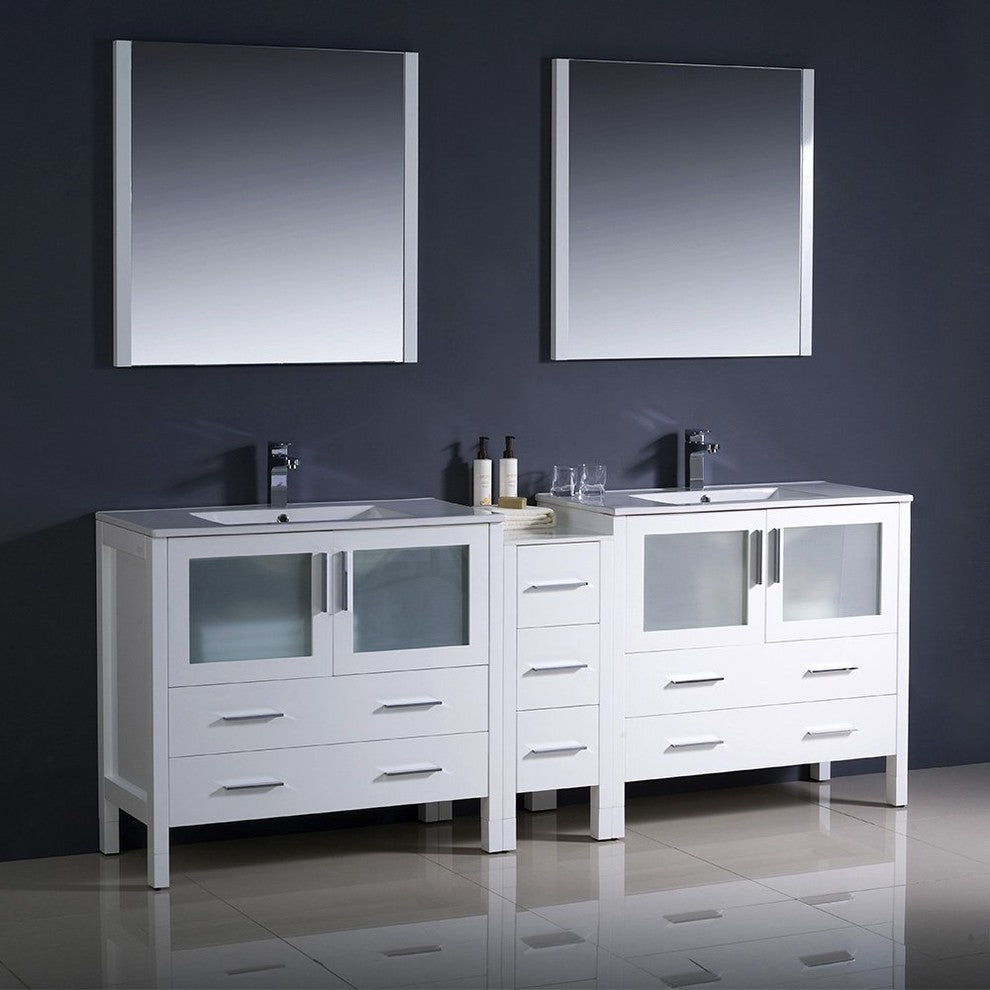 Torino 84" White Modern Double Sink Bathroom Vanity, Faucet FFT3071BN