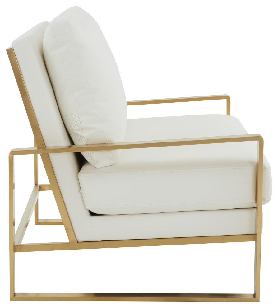 LeisureMod Jefferson Leather Modern Design Loveseat With Gold Frame, White